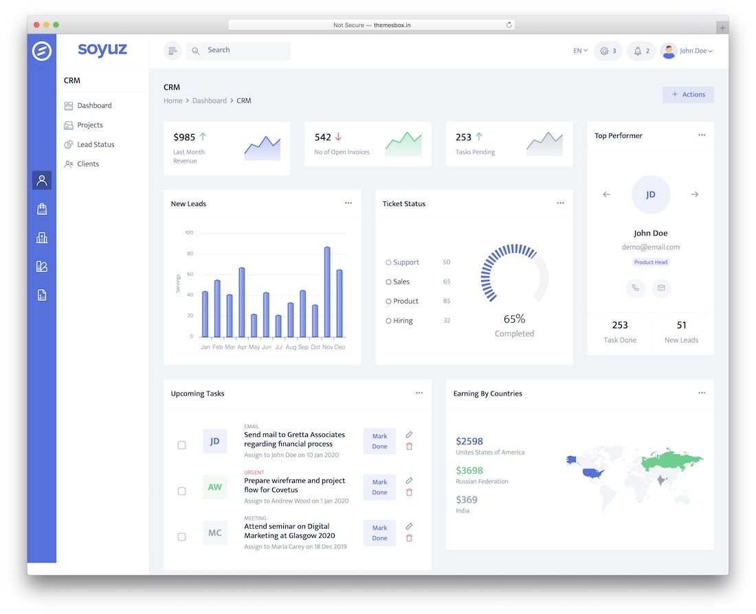 modello di dashboard di amministrazione soyuz