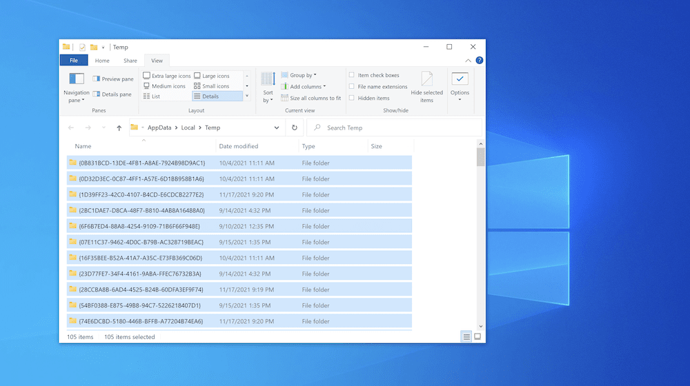 مجلد Windows Temp مع تحديد جميع الملفات.