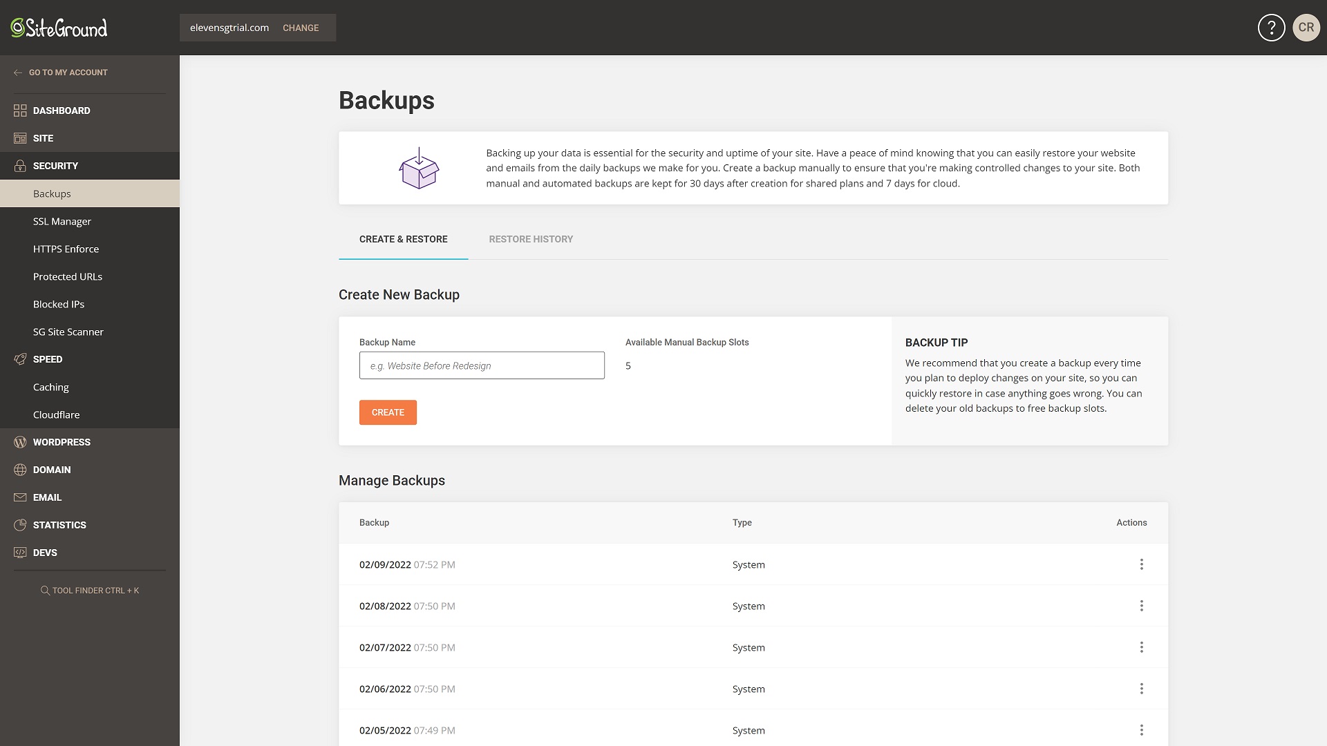 Interface de sauvegarde SiteGround