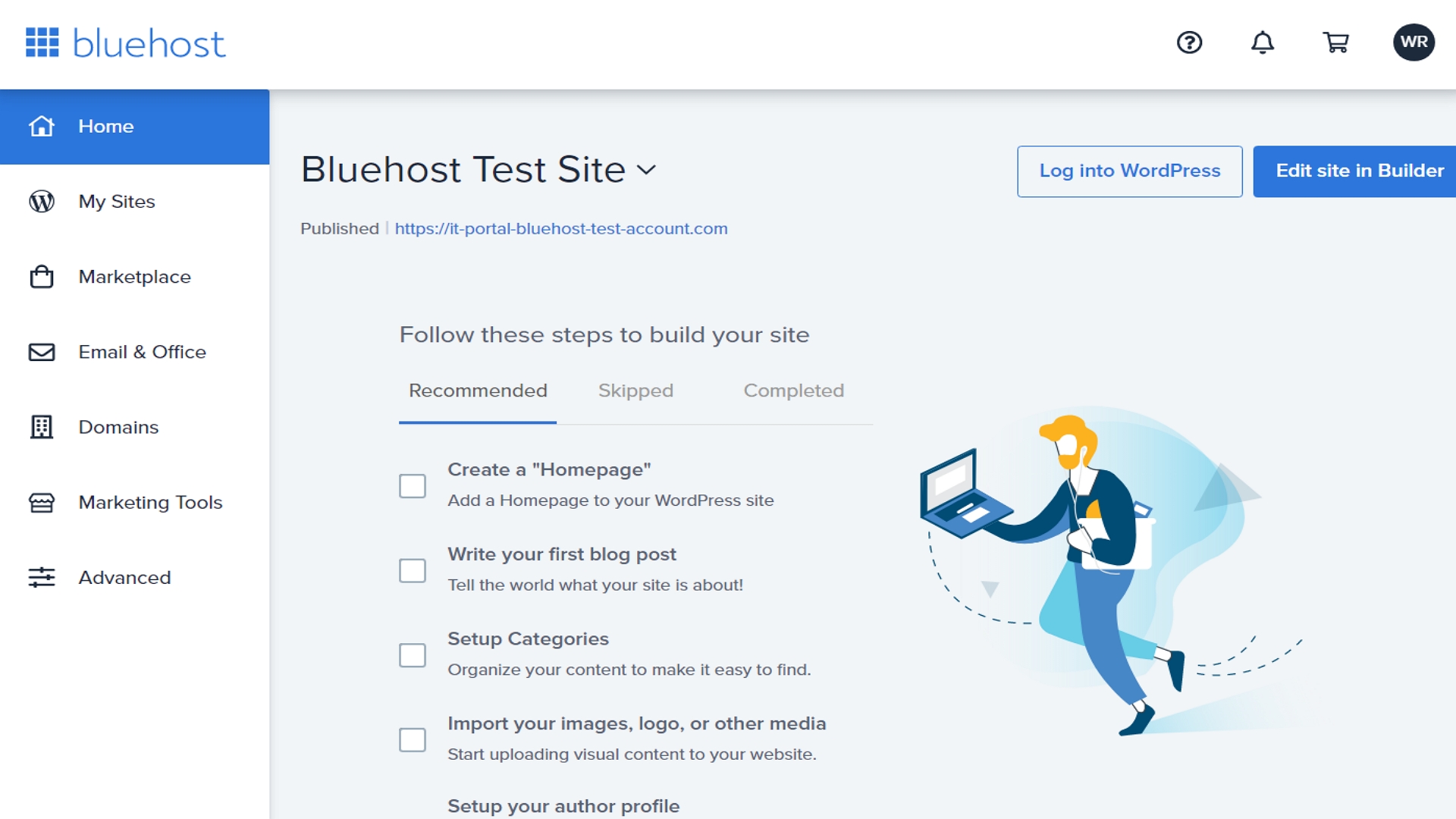 Capture d'écran des options de configuration du site Web Bluehost