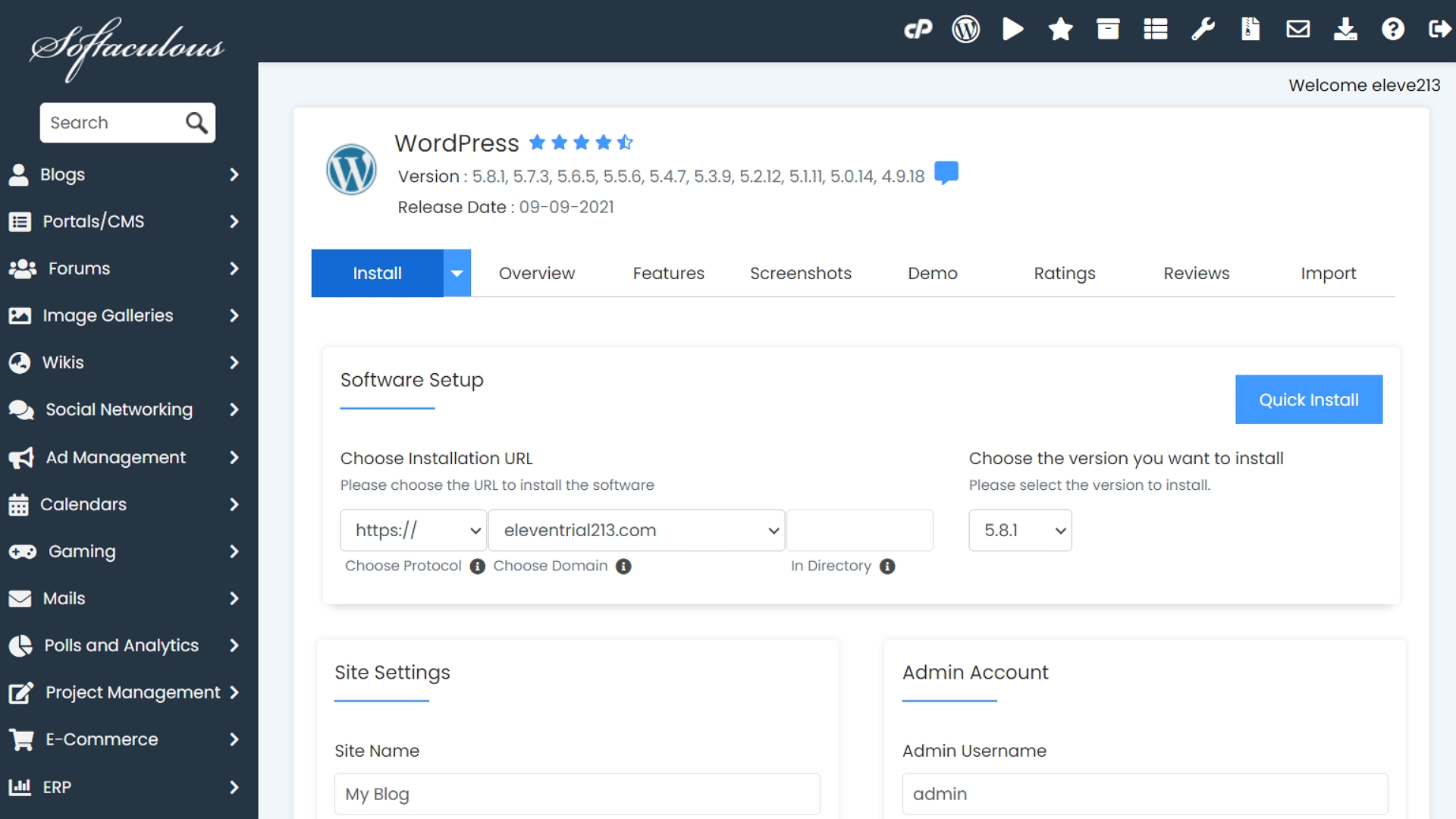 Installation WordPress du programme d'installation Softaculous en un clic