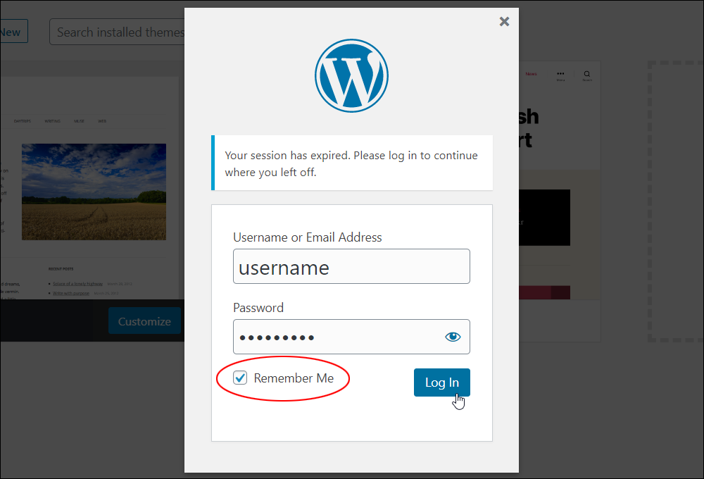 WordPress Log In Box โดยทำเครื่องหมายถูกที่ Remember Me