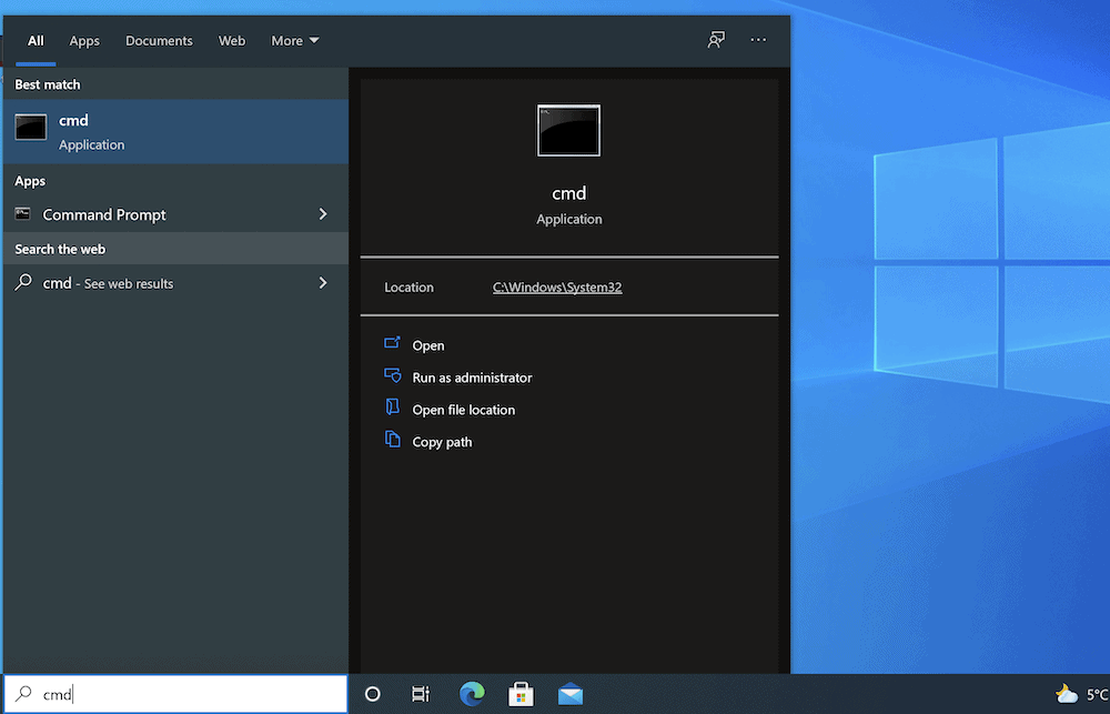 Windowsでコマンドプロンプトを検索しています。