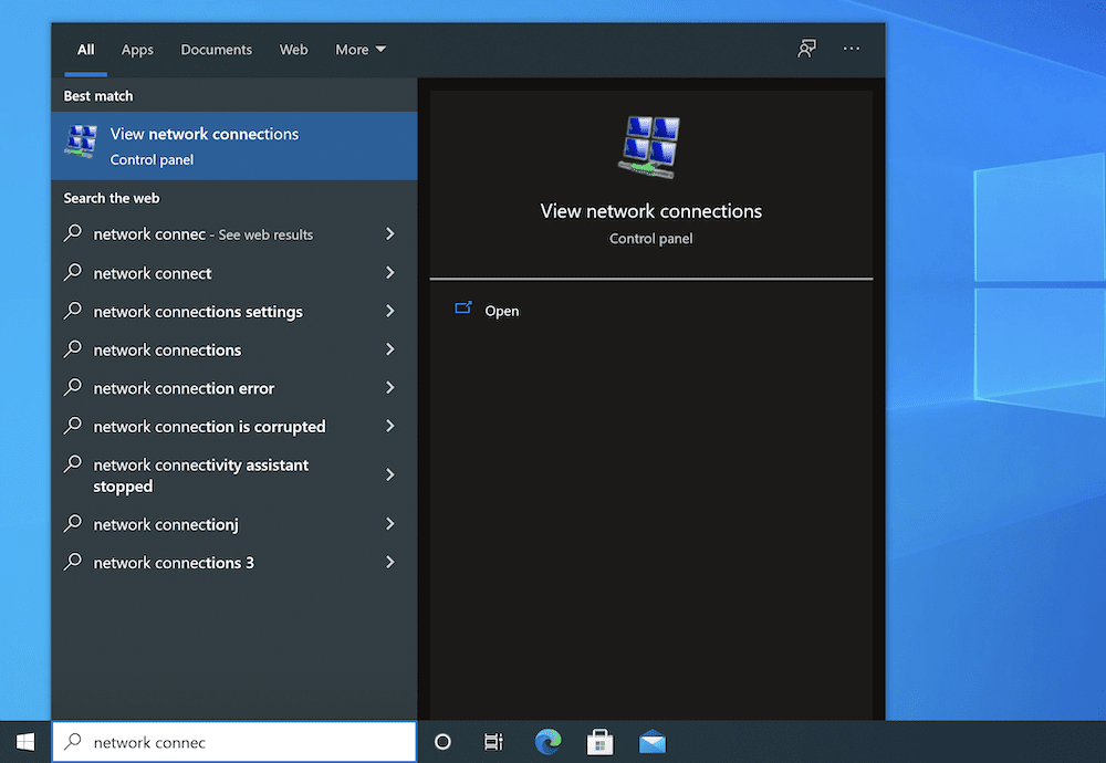 Windowsネットワーク接続パネルを検索しています。