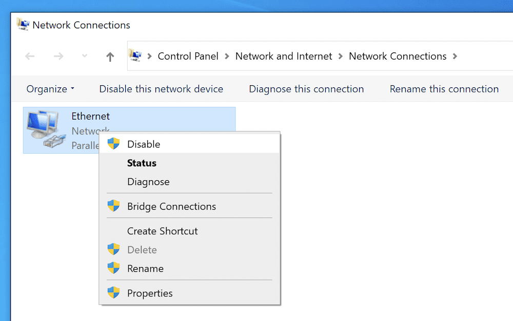 Windows内のプライマリ接続のコンテキストメニュー。