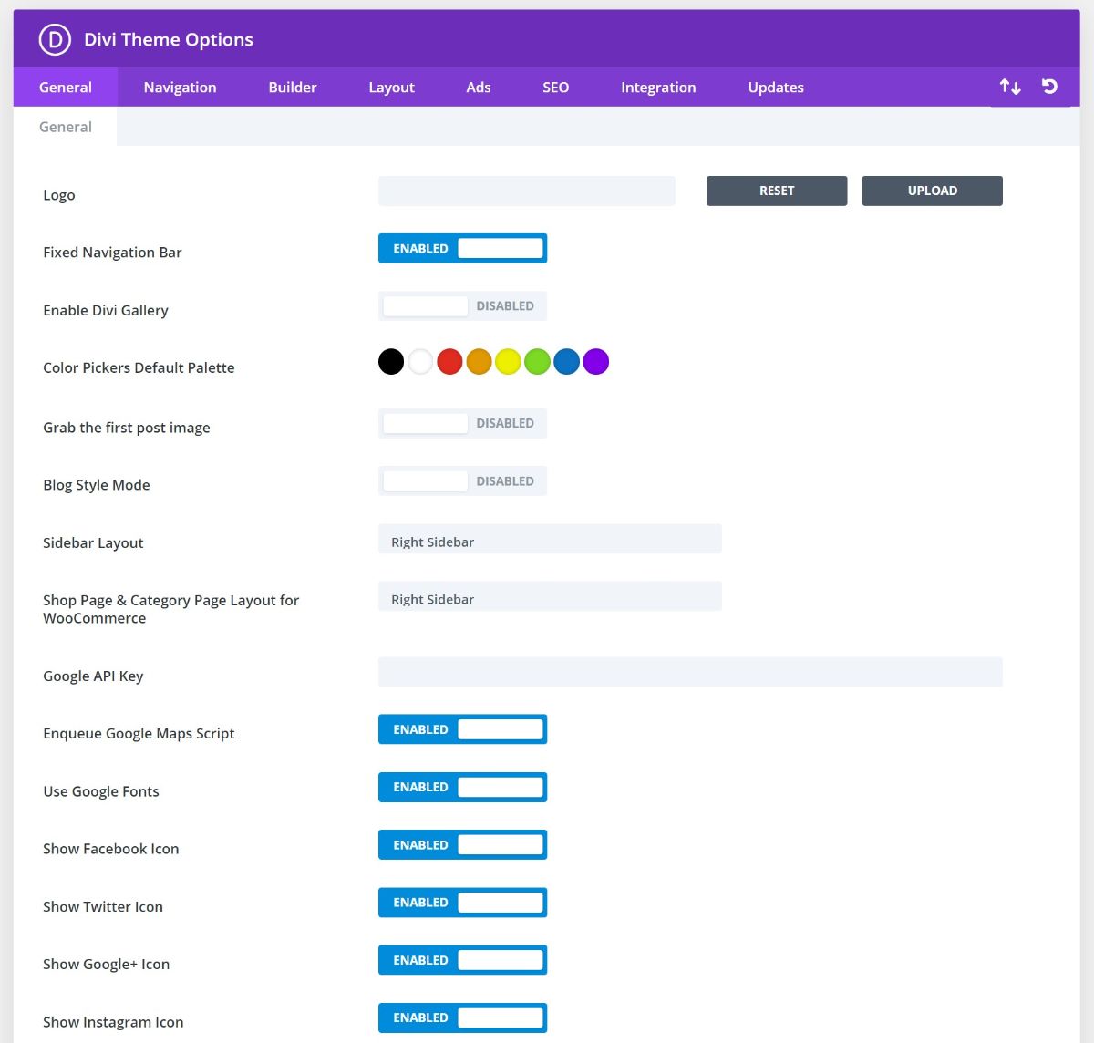 Zona de opțiuni de backend pentru tema Divi