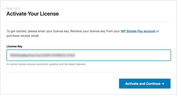 Zostaniesz poproszony o podanie klucza licencyjnego WP Simple Pay