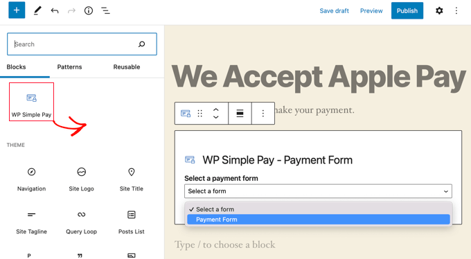 Füge den WP Simple Pay Block zu einem Beitrag oder einer Seite hinzu