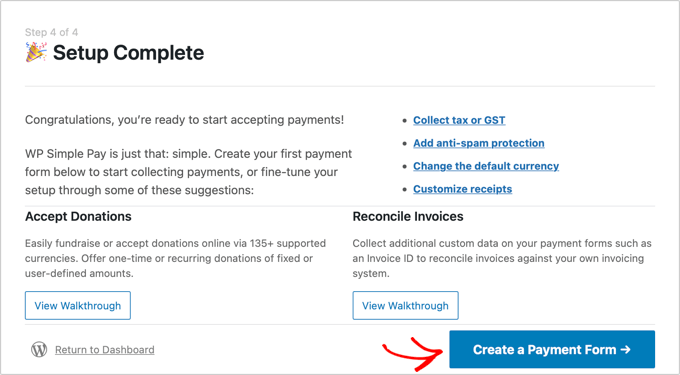 Die Einrichtung von WP Simple Pay ist abgeschlossen