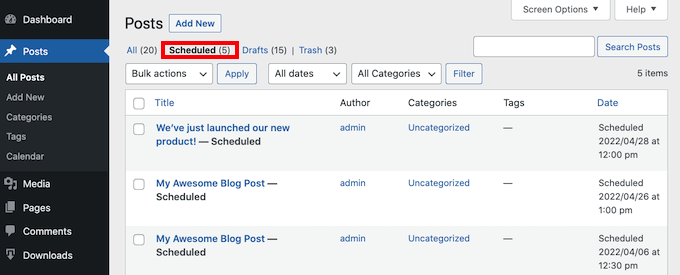 The Scheduled tab, in the WordPress dashboard.