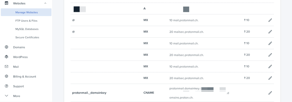 Una lista de registros DNS.