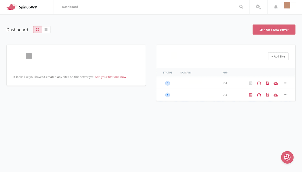 Un dashboard SpinupWP popolato.