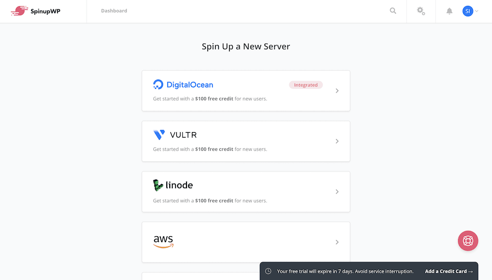 在 SpinupWP 中選擇雲服務器。