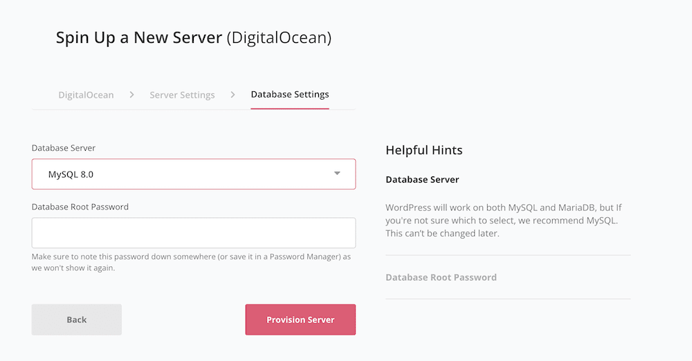 Scelta delle opzioni per configurare un nuovo database all'interno di SpinupWP.