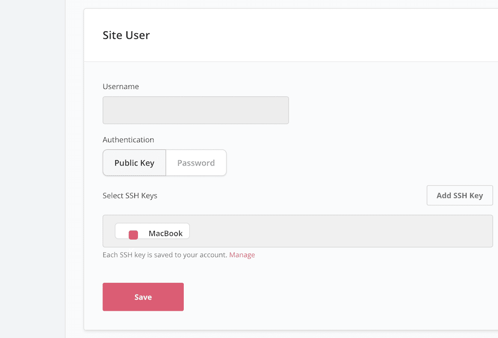 Las opciones de SpinupWP SFTP.