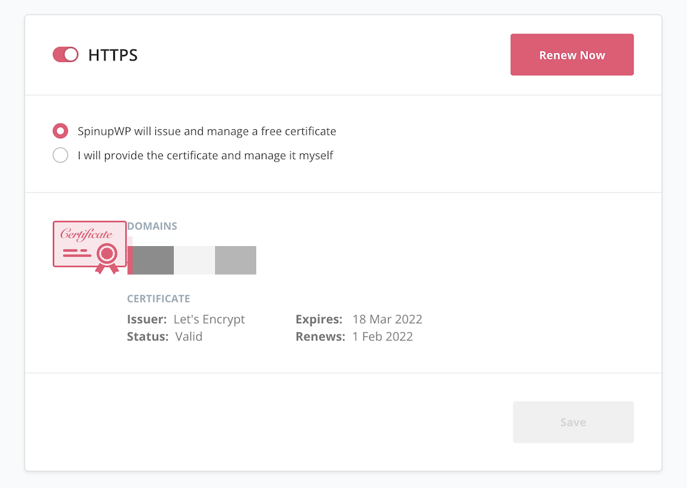 ตัวเลือกการจัดการใบรับรองของ SpinupWP