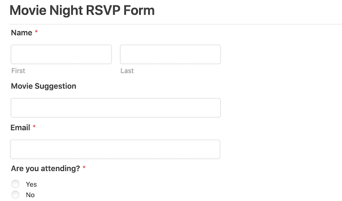 Um exemplo de formulário de reserva criado usando WPForms