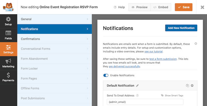 Personalización de la configuración de notificaciones y correo electrónico de WPForms.