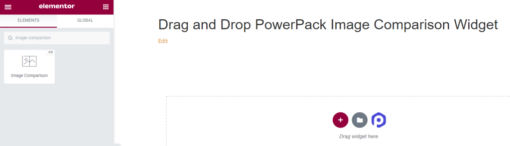 Przeciągnij i upuść widżet porównania obrazów PowerPack w kreatorze stron Elementor
