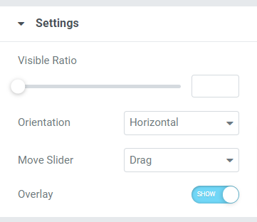 Sección de configuración en la pestaña Contenido del widget de comparación de imágenes