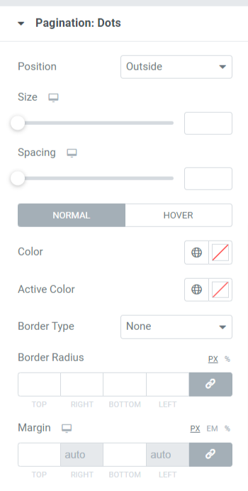 Paginación: Sección de puntos en la pestaña Estilo del widget de control deslizante de imágenes de PowerPack