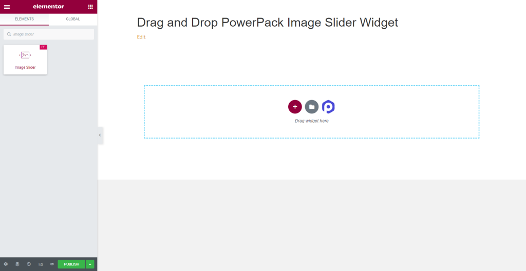 Faites glisser et déposez le widget PowerPack Image Slider sur votre page Elementor