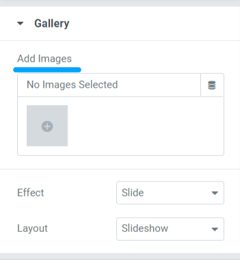 Section Galerie dans l'onglet Contenu du widget PowerPack Image Slider