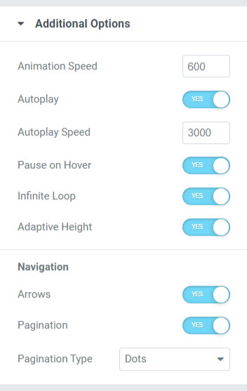 Sección de opciones adicionales en la pestaña Contenido del widget de control deslizante de imágenes de PowerPack