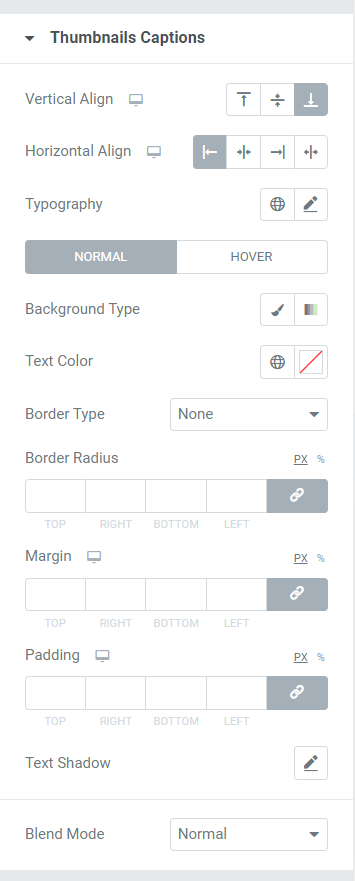 Sezione didascalie delle miniature nella scheda Stile del widget Slider immagine PowerPack