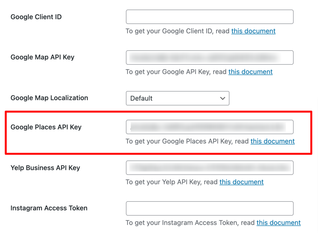 copia la chiave API di Google Places nelle impostazioni del powerpack