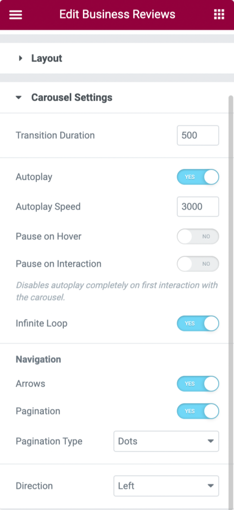 configuración del carrusel de reseñas de elementos o google