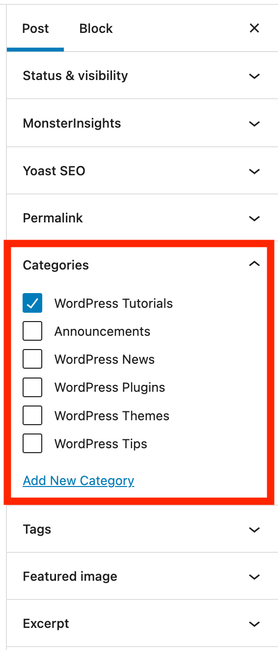 O WordPress permite selecionar uma ou várias categorias para seus posts.