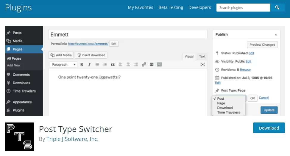 WordPress의 Post Type Switcher 플러그인.