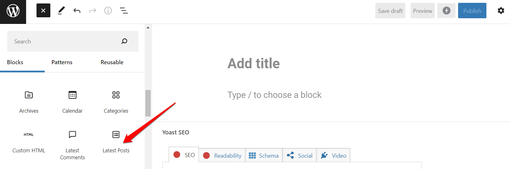 Di WordPress Anda dapat menambahkan blok "posting terbaru" di konten.