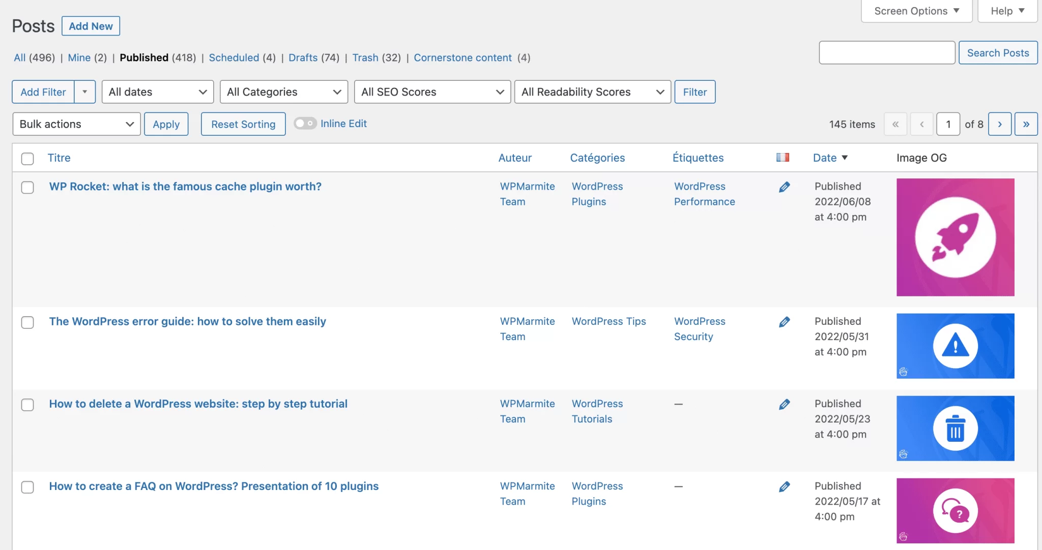 Elenco dei post nell'amministratore di WordPress.