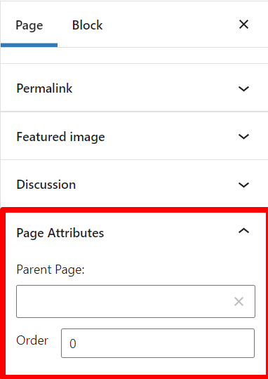 Setări pentru atributele paginii în WordPress.