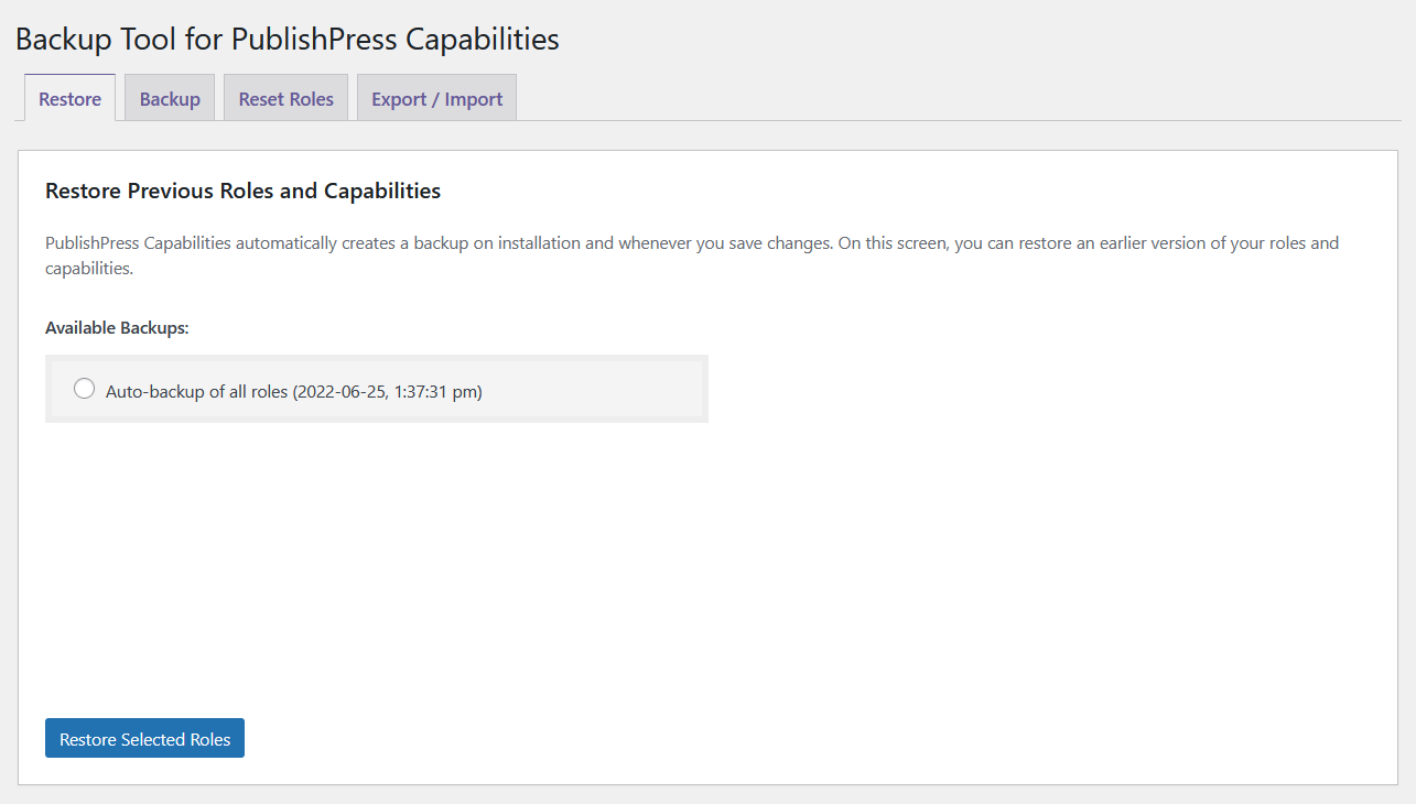 Backup da função do usuário antes de fazer alterações