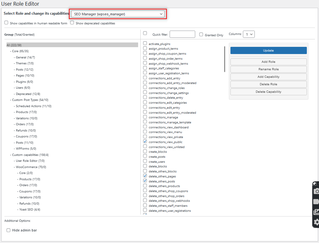 Editor de roles de usuario para administrar los permisos de usuario