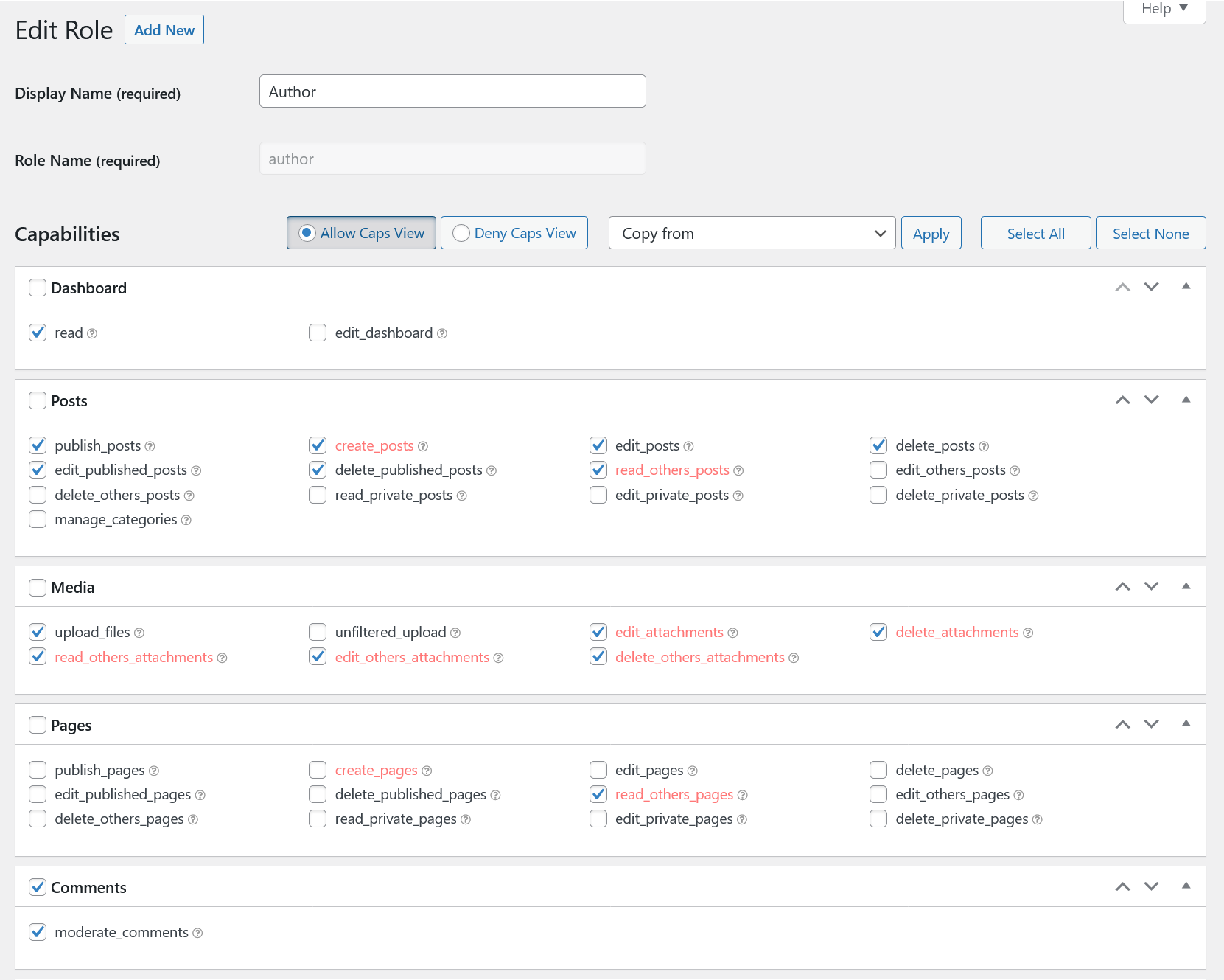 Interface simple de modification des autorisations de rôle