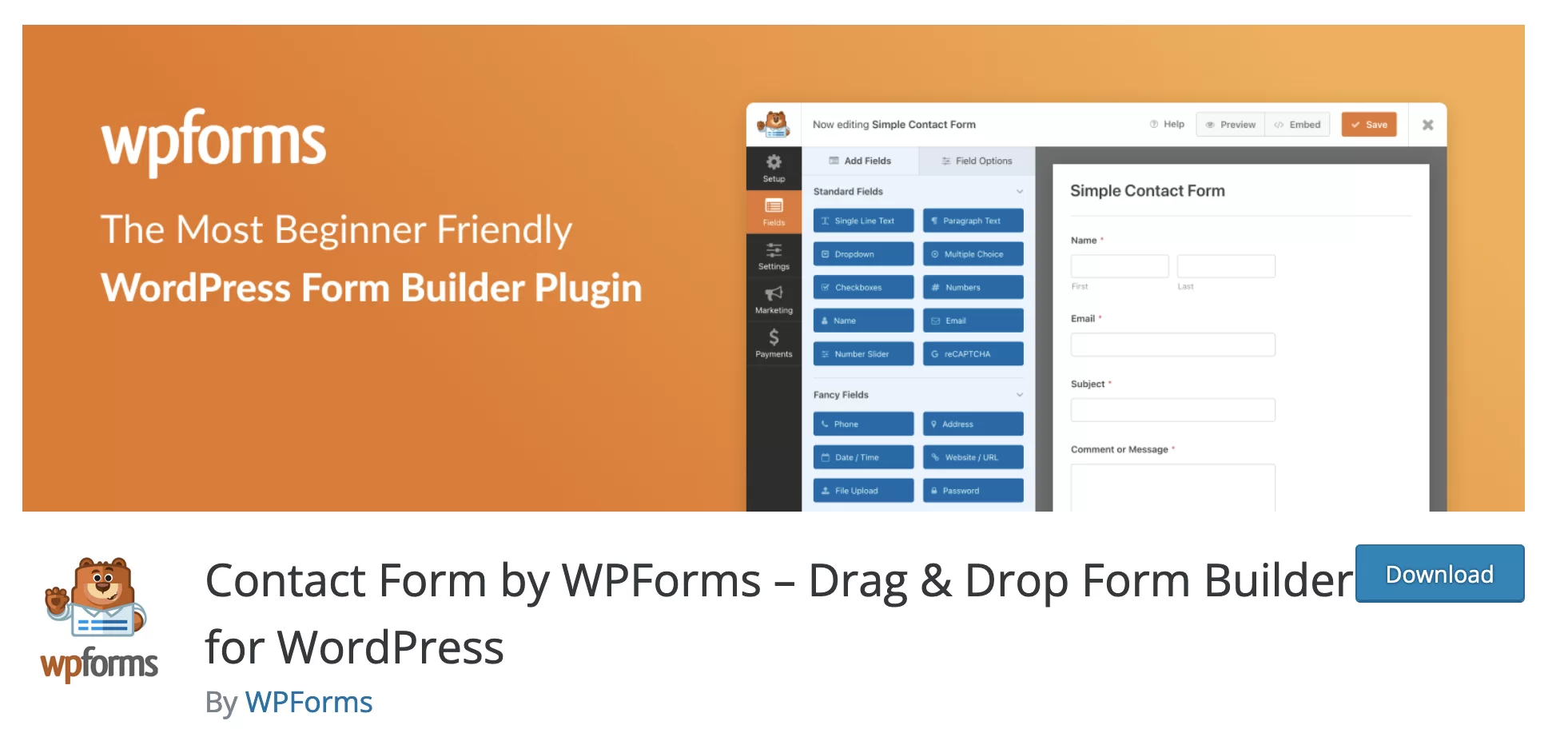 Pluginul Formular de contact de la WPForms de descărcat în directorul WordPress.