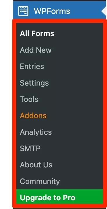 Sous-menus WPForms dans le menu d'administration de WordPress.