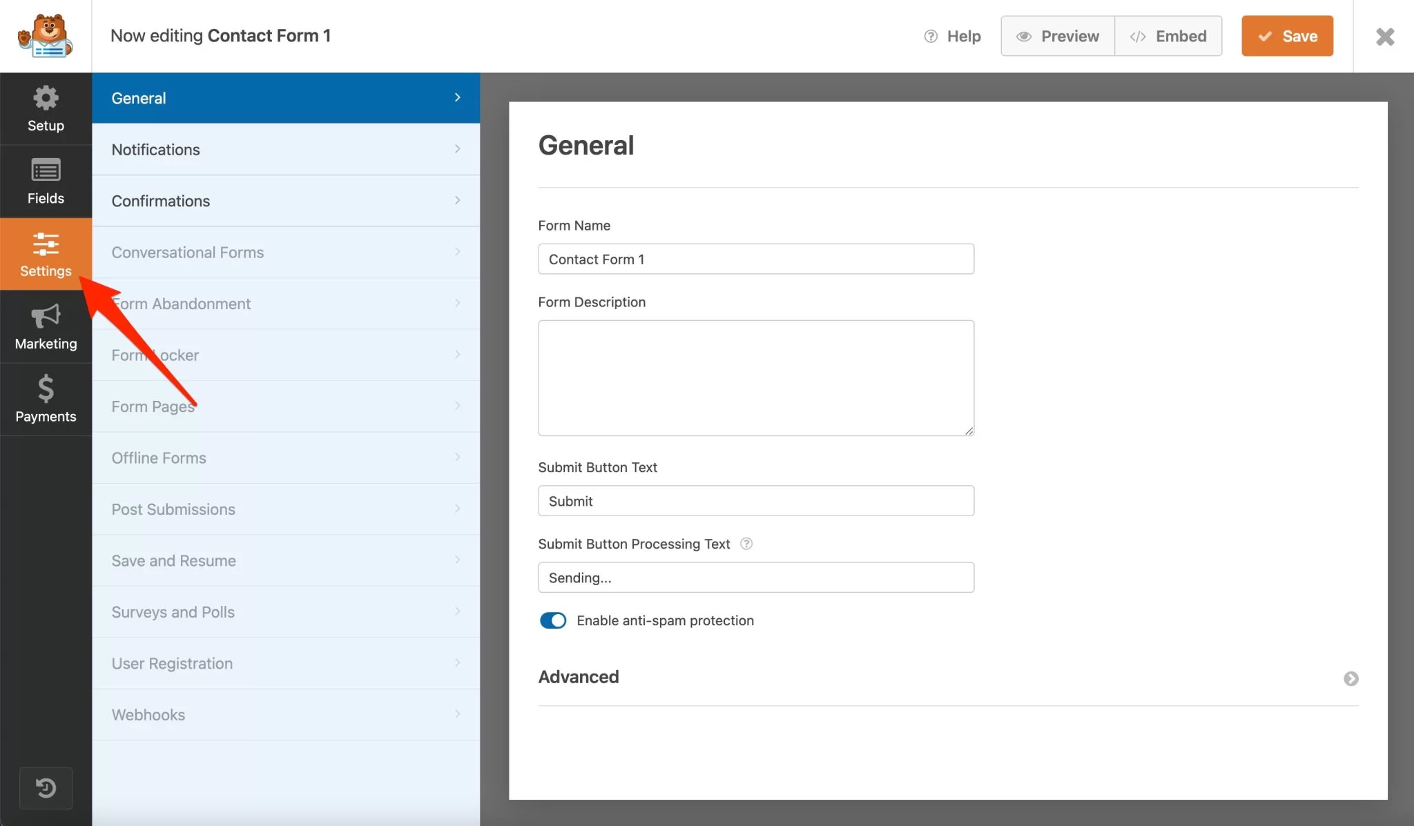 guia de configurações do WPForms.