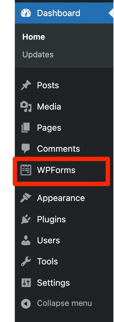 Menu pengaturan WPForms di admin WordPress.