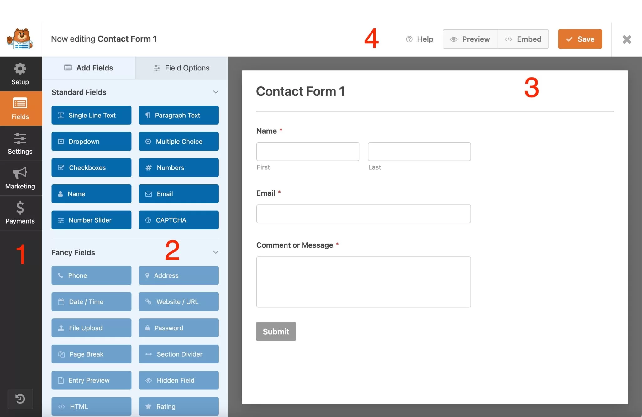 Экран редактирования формы на WPForms.