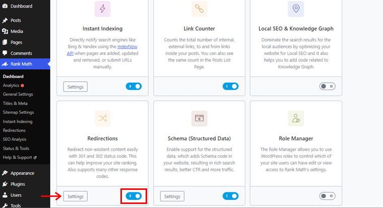 Habilite el módulo de redirecciones matemáticas de clasificación y haga clic en la opción de configuración