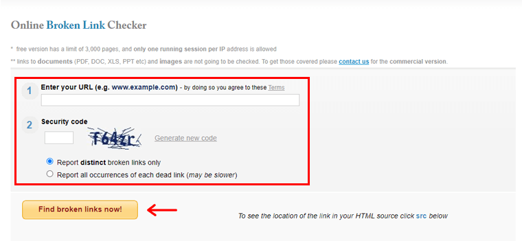 กรอกรายละเอียดใน Online Broken Links Checker & คลิกที่ Find Broken Links Now
