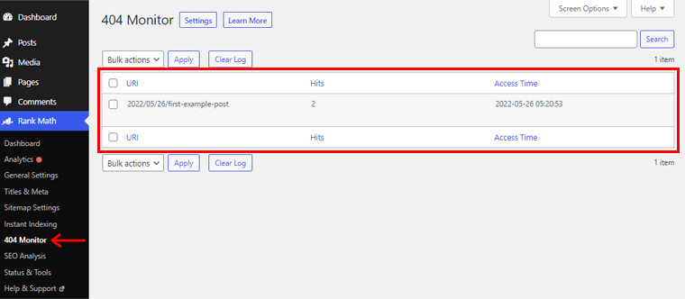 Navigați la Rank Math 404 Monitor pentru a verifica linkurile întrerupte