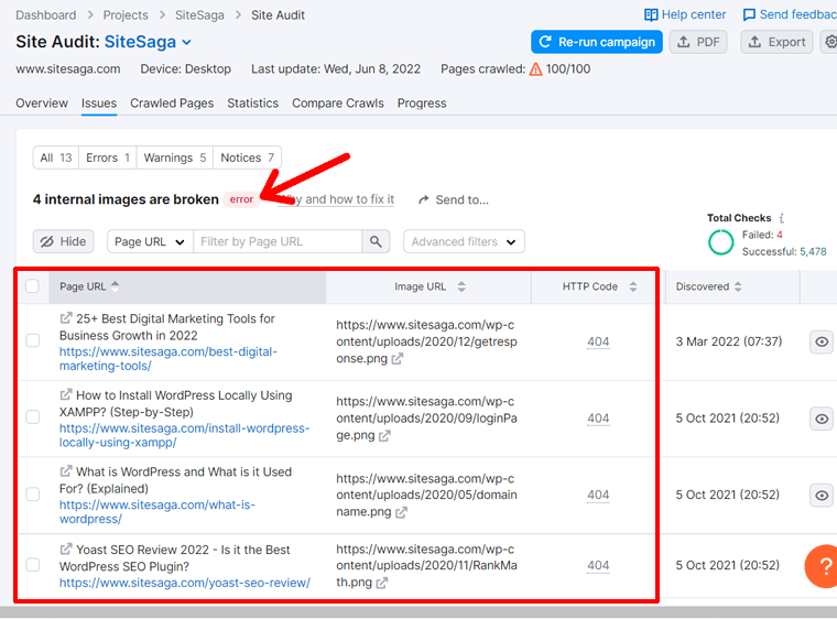 Lista de enlaces de imágenes rotas en el sitio de WordPress a través de la herramienta de auditoría del sitio de Semrush