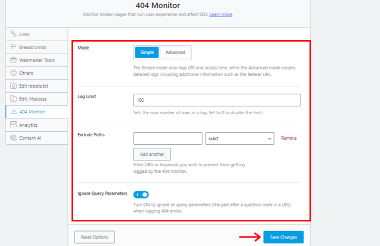 Defina as configurações do monitor 404 e clique na opção Salvar alterações