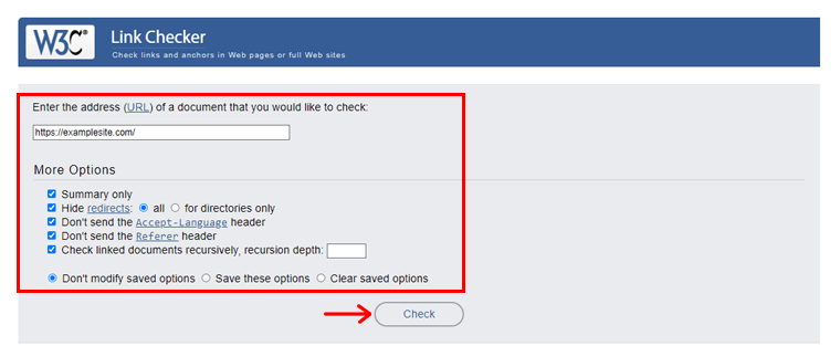 กรอกรายละเอียดใน W3C Link Checker & คลิกที่ Check Option